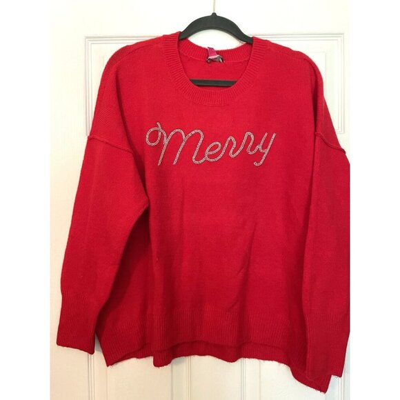 New Vince Camuto Women's Red Warm Cozy Festive Holiday Sweater 'Merry' Medium - Picture 1 of 8